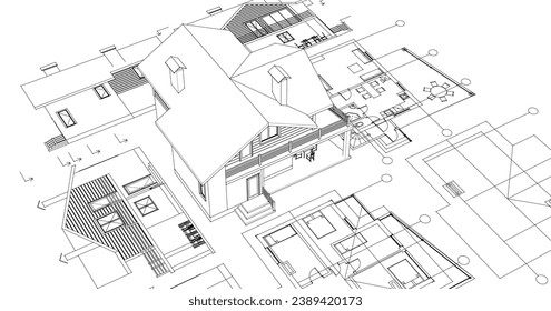 house architectural project sketch 3d illustration