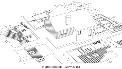  house architectural project sketch 3d illustration