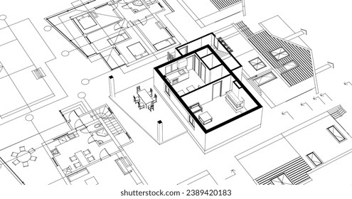  house architectural project sketch 3d illustration