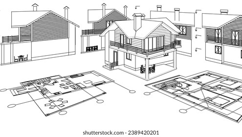  house architectural project sketch 3d illustration