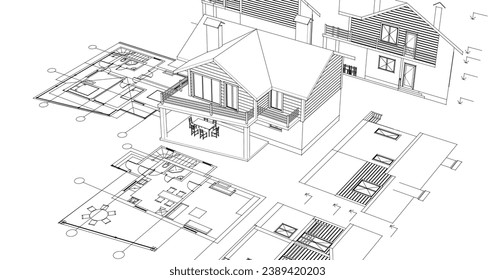  house architectural project sketch 3d illustration