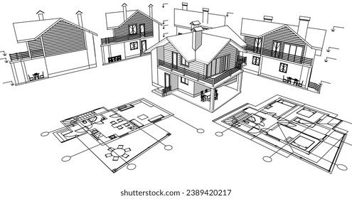  dibujo del proyecto de arquitectura de casa ilustración 3d