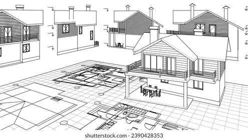 dibujo del proyecto de arquitectura de casa ilustración 3d