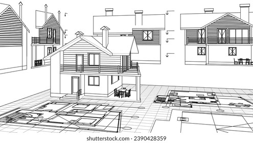 dibujo del proyecto de arquitectura de casa ilustración 3d