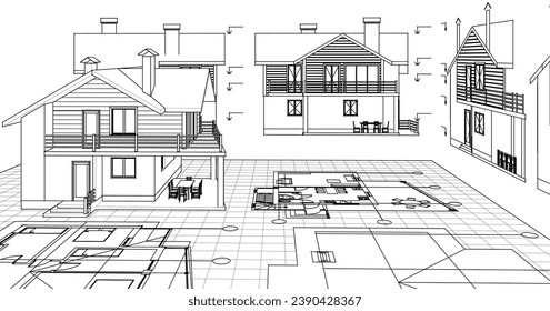 house architectural project sketch 3d illustration