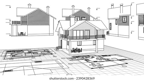 dibujo del proyecto de arquitectura de casa ilustración 3d
