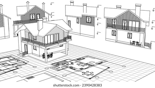 house architectural project sketch 3d illustration