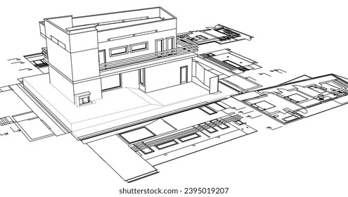 dibujo del proyecto de arquitectura de casa ilustración 3d