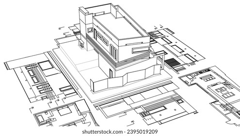 dibujo del proyecto de arquitectura de casa ilustración 3d