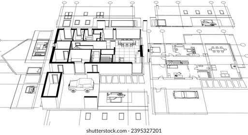  house architectural project sketch 3d illustration