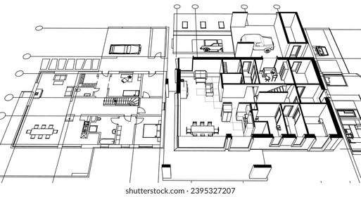  house architectural project sketch 3d illustration