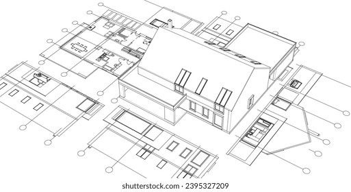  house architectural project sketch 3d illustration