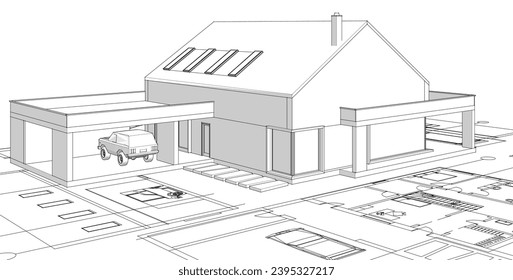  house architectural project sketch 3d illustration