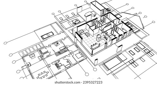  house architectural project sketch 3d illustration