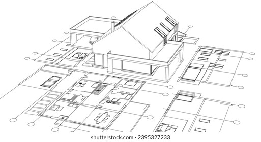  dibujo del proyecto de arquitectura de casa ilustración 3d
