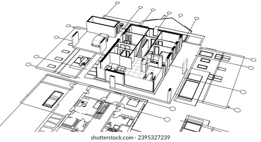  dibujo del proyecto de arquitectura de casa ilustración 3d