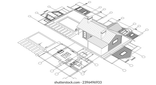 house architectural project sketch 3d illustration