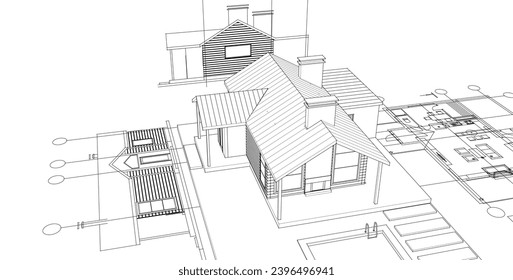 house architectural project sketch 3d illustration