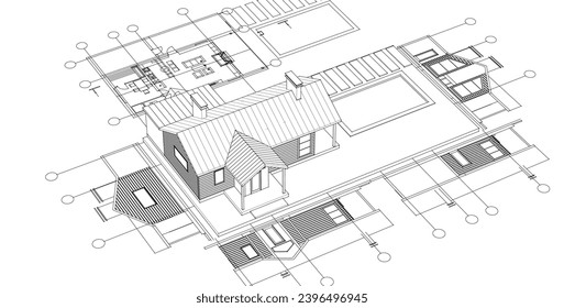 dibujo del proyecto de arquitectura de casa ilustración 3d
