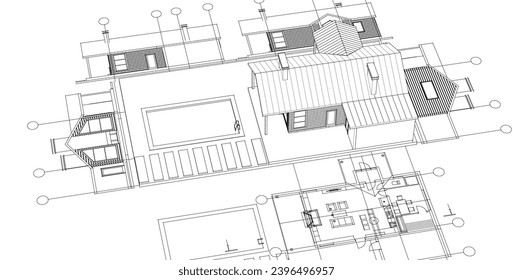 house architectural project sketch 3d illustration