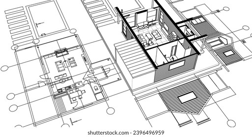 house architectural project sketch 3d illustration