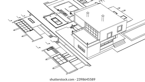 dibujo del proyecto de arquitectura de casa ilustración 3d