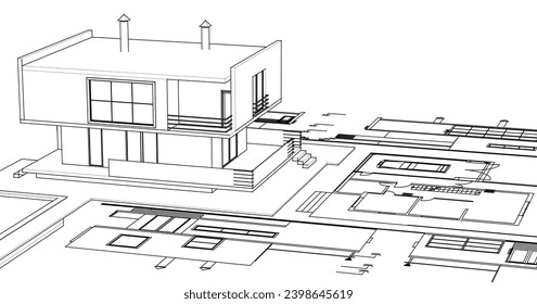 house architectural project sketch 3d illustration