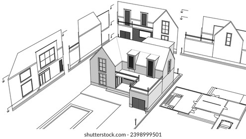  dibujo del proyecto de arquitectura de casa ilustración 3d