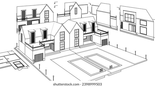  house architectural project sketch 3d illustration