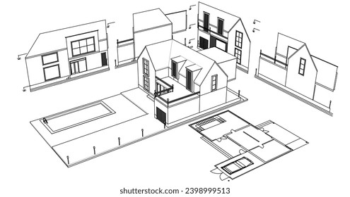  dibujo del proyecto de arquitectura de casa ilustración 3d