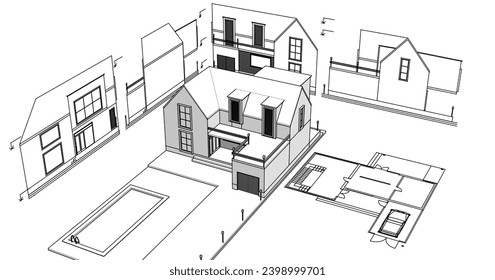  house architectural project sketch 3d illustration