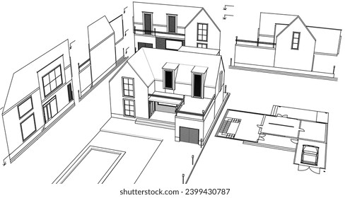  dibujo del proyecto de arquitectura de casa ilustración 3d