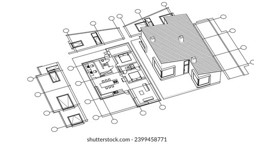  house architectural project sketch 3d illustration