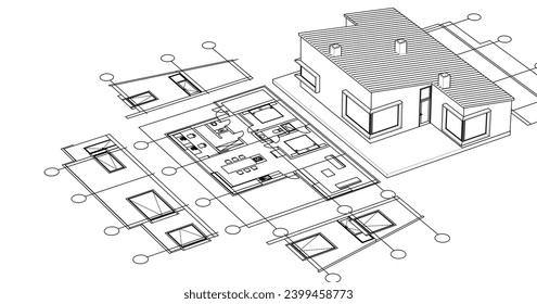  house architectural project sketch 3d illustration