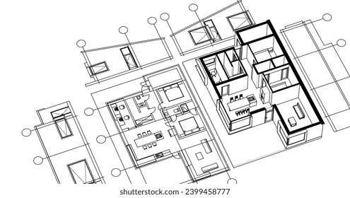  dibujo del proyecto de arquitectura de casa ilustración 3d