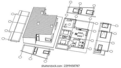  house architectural project sketch 3d illustration