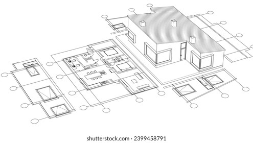  dibujo del proyecto de arquitectura de casa ilustración 3d