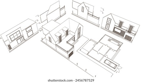 house architectural project sketch 3d illustration	
