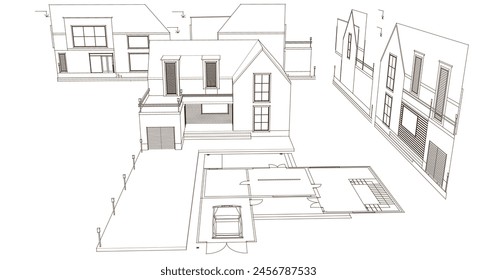 Haus architektonische Projekt Skizze 3D-Illustration	