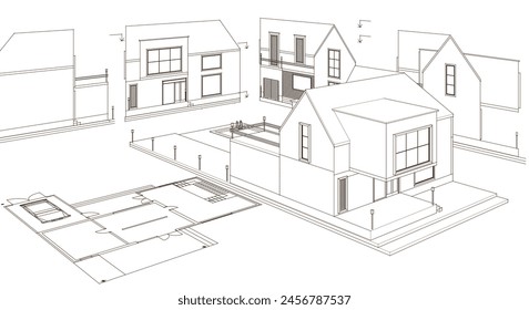 Haus architektonische Projekt Skizze 3D-Illustration	