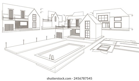 house architectural project sketch 3d illustration	