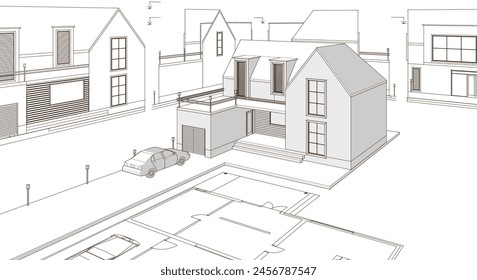 house architectural project sketch 3d illustration	