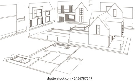 house architectural project sketch 3d illustration	