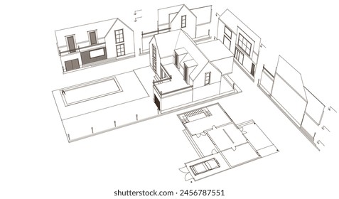 proyecto arquitectónico de la casa boceto ilustración 3d	