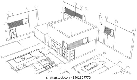 Haus architektonisches Projekt Skizze 3D-Illustration