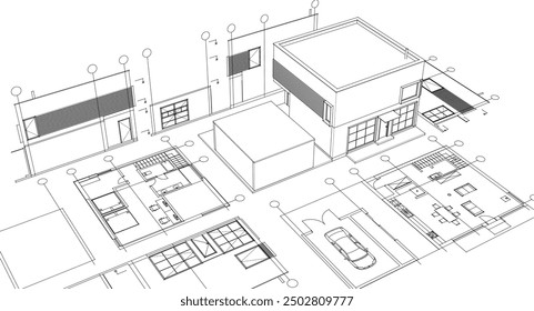 house architectural project sketch 3d illustration