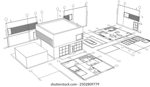 house architectural project sketch 3d illustration