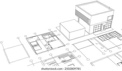 Casa proyecto arquitectónico boceto 3D ilustración