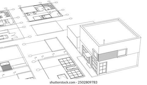 Casa proyecto arquitectónico boceto 3D ilustración