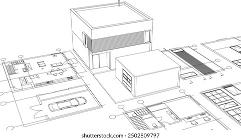Haus architektonisches Projekt Skizze 3D-Illustration